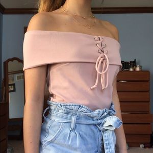 Off the shoulder cropped lace up top
